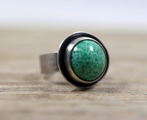 Oxidized Sterling Silver Statement Ring: Green Vintage Glass Cabochon, Size 6.75 US