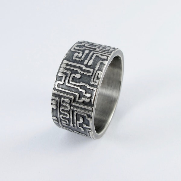 Bague en argent sterling à motif de carte de circuit imprimé, argent recyclé oxydé, bague de joueur, bague d’amour de la technologie, bague geek