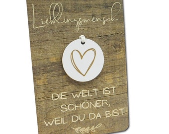 Wooden card with a heart pendant for a loved one, person of the heart, small gift for Valentine's Day