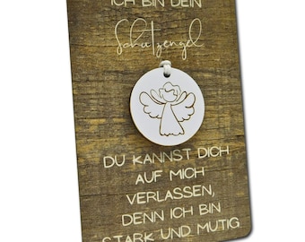 Wooden card with guardian angel pendant, guardian angel strong and courageous