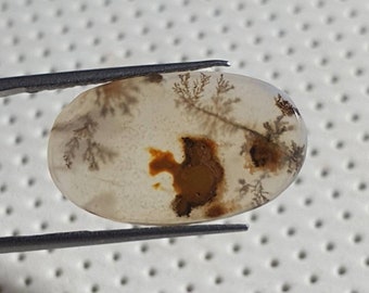 Könnte beinhalten: Ein weißer Achat-Cabochon mit braunen und grauen dendritischen Mustern. Der Cabochon ist oval geformt und hat eine glatte, polierte Oberfläche.