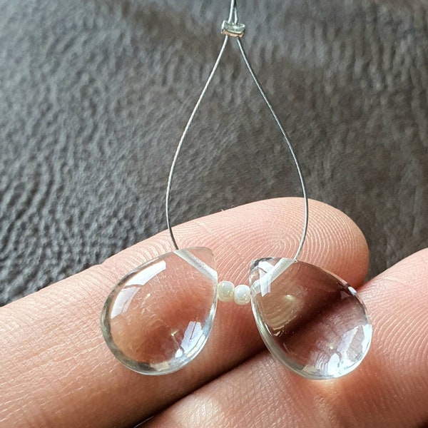 AAA Crystal Quartz smooth briolette pair 14x10MM size. Clear Quartz teardrop beads pair. Crystal Quartz beads.