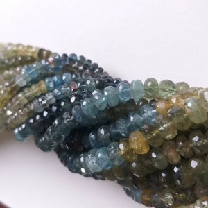 AAA Moss Aquamarine faceted rondelle beads 4.5mm & 5mm size. 14inches length. Good luster and color.