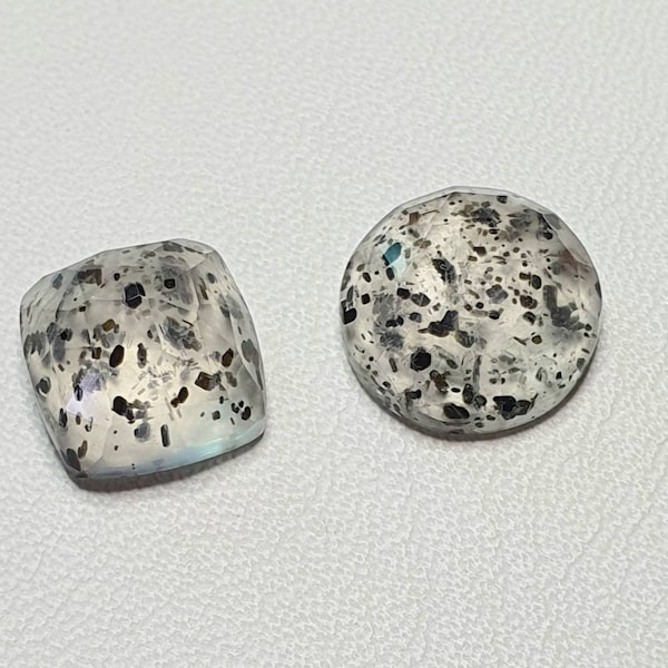 Black dot quartz rosecut gemstone 13MM Round & 11.5MM Cushion. Black spot quartz flat back rosecut gemstone. 2pcs Lot.
