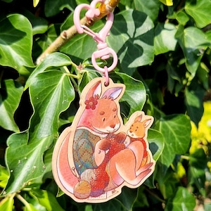 Knitting Kangaroo Keychain: Natural Cherry Wood Animal Keyring