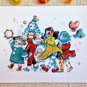 Muzyczne psoty, wydruki artystyczne A4 i A5, Clowncore, Cyrk, Głupi prezent, Wydruk ilustracyjny, Goblincore, Karnawał, Słodka sztuka, Klauni, Wydruki wyprzedażowe