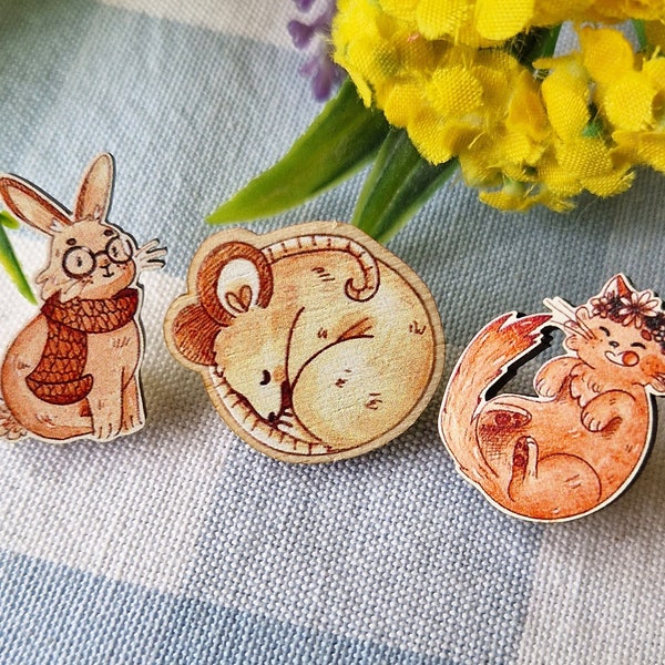 Tea Pals Animal Wooden Pin Badges, Cottagecore, Goblincore, Cute Gifts, Whimsical Art, Nostalgic Accessories, Cats, Rabbits, Mice, Cozycore
