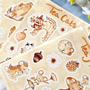 Jolie feuille d'autocollants animal de thé confortable A6 - Feuille d'autocollants fait main Cottagecore pour la journalisation, la planification et le scrapbooking - Chats, lapins, souris