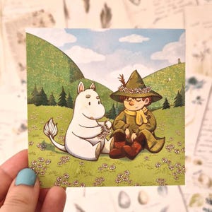 Moomin Inspired Mini Prints - 105mm x 105mm- Cottagecore Art - Postcard - Fanart - Whimsical Illustrations - Cute Art Gift - Snufkin - Sniff