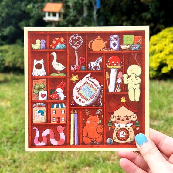 Trinket Shelf Art Prints - Cosy Fanart Illustration - Cozycore - Cute Art - Large Square Prints - Trinkets - Trinket Collector Art Print