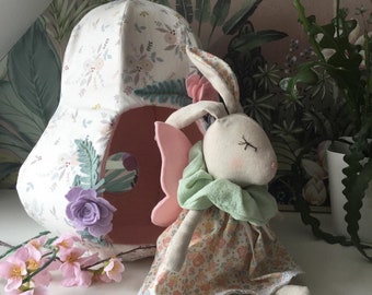 Bunny play set, fairy house, handmade doll, bunny doll, fairy doll, mini bunny doll, cloth doll , doll house set , gift set , handmade toy