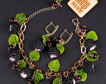 Handmade Blackberry Bracelet and Earrings Set: Polymer Clay Berry Jewelry