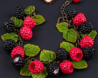 Blackberry raspberries bracelet ‒ Berry bracelet ‒ Berry  jewelry ‒ Berry earrigs ‒ Polymer clay ‒ Red ‒ Black ‒ Green
