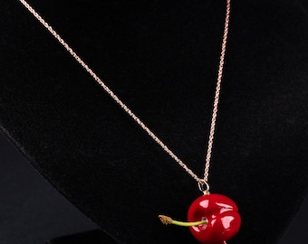 Colgante de cerezas rojas hecho a mano: Cereza grande con tallo, arcilla polimérica