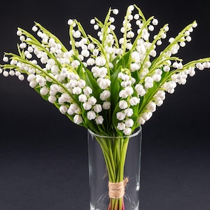 May include: A bouquet of lily of the valley flowers in a clear glass vase. The flowers have small white bell-shaped blooms and green leaves. The stems are tied together with twine. The vase is cylindrical and sits on a dark surface.
