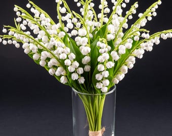 Tallos realistas de lirio de los valles, flores de arcilla polimérica, arte botánico hecho a mano, ramo de primavera artificial, relleno para jarrones de decoración del hogar, decoración para bodas