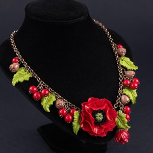Collana papaveri rossi ‒ Gioielli floreali ‒ Collana ‒ Collana papaveri ‒ Pasta polimerica ‒ Collana fiori