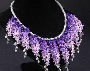 Conjunto de cascada lila con degradado morado ‒ Collar ‒ Pendientes ‒ Flores de primavera ‒ Arcilla polimérica ‒ Flores