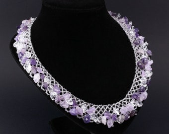 Amethyst with rhinestone necklace ‒ Gemstone necklace ‒ Amethyst beads necklace ‒ Netted necklace ‒ Natural stone ‒ Amethyst ‒ Purple