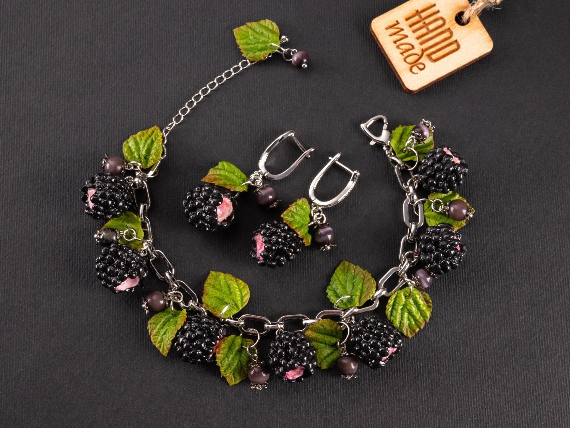 Blackberry bracelet with earrings ‒ Berry bracelet ‒ Dangle blackberry earrings ‒ Berry  jewelry ‒ Berry earrigs ‒ Polymer clay