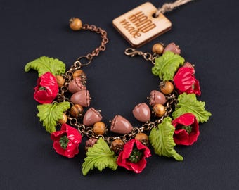 Pulsera de amapolas hecha a mano con arcilla polimérica: joyería floral de otoño.