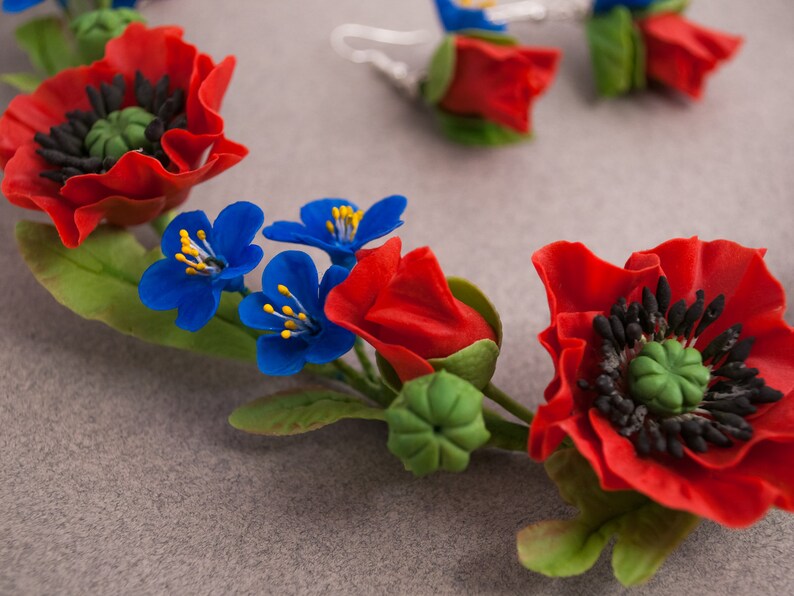 Rote Mohnblumen auf dem Feld - floral Schmuck-Set -u2012 Halskette -u2012 Ohrringe - Polymer Clay - 2012 Blumen Halskette Bild 5