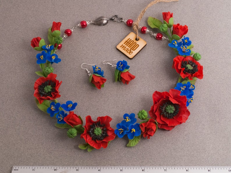 Rote Mohnblumen auf dem Feld - floral Schmuck-Set -u2012 Halskette -u2012 Ohrringe - Polymer Clay - 2012 Blumen Halskette Bild 8