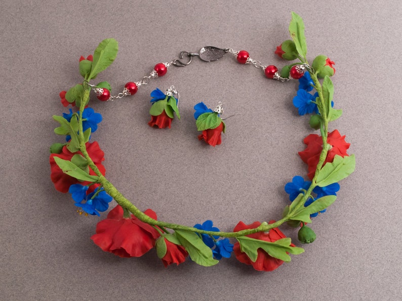 Rote Mohnblumen auf dem Feld - floral Schmuck-Set -u2012 Halskette -u2012 Ohrringe - Polymer Clay - 2012 Blumen Halskette Bild 9