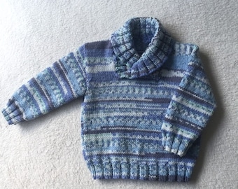 6-12 months - baby sweater, hand knitted with shawl collar in snuggly Crofter double knit.