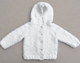 Soft and fluffy hand knitted baby cardigan with hood, hoodie. Baby knits, baby gift