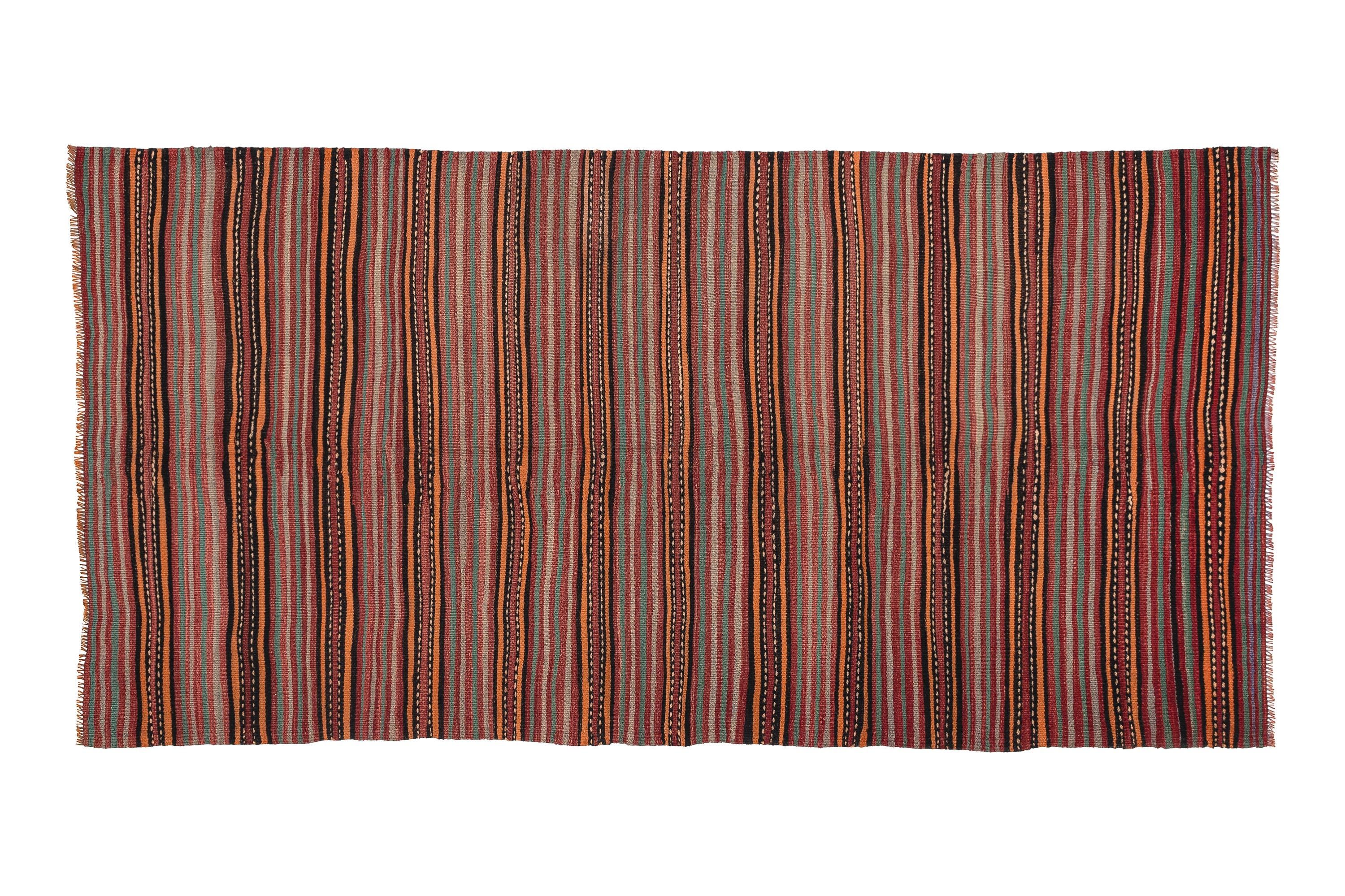 Red Striped Vintage Handwoven Flatweave Rug - Turkish Tribal Rug for Boho Farmhouse Interior, Rustic Area Rug for Handmade Living Room Decor
