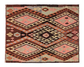 Vintage Handmade Boho Rug with Earthy Tones - Turkish Wool Flatweave Kilim Area Rug, Eclectic Farmhouse Decor, Authentic Living Room Rug