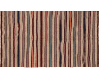 5x8 Vintage Striped Flat Woven Kilim Area Rug with Earthy Tones - Handmade Turkish Wool Kilim Rug for Bohemian Farmhouse Interior