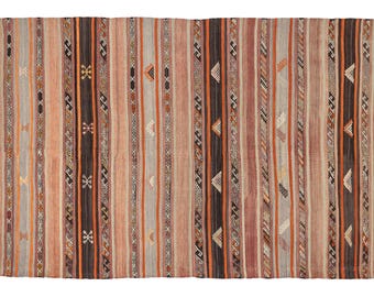 Embroidered Striped Vintage Flat Woven Kilim Area Rug for Eclectic Living Room - Wool Bohemian Turkish Rug for Handmade Home Decor