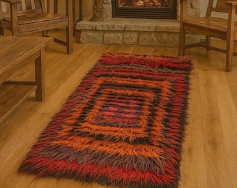 Handmade Vintage Colorful Wool Tulu Rug 3x7 - Multicolored Turkish Tribal Shaggy Rug, Boho Country House Rug, Cozy Rug for Eclectic Decor