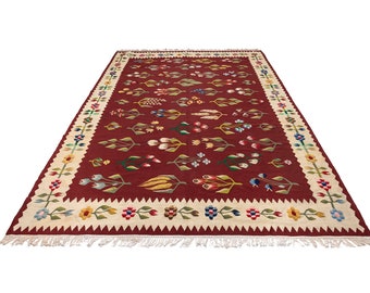 Romanian Floral Vintage Flat Woven Rug 7x10 - Handmade Red Tribal Rug, Rustic Decor with Flowers, Red Ethnic Rug, Boho Living Room Decor