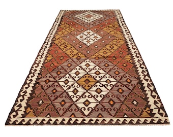Handmade Vintage Large Kilim Rug 5x12 - Turkish Tribal Kilim Area Rug, Rustic Bohemian Living Room Decor, Rare Red Anatolian Ethnic Rug