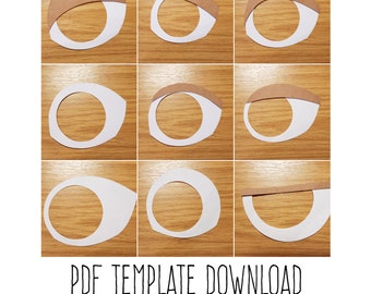 May include: A step-by-step guide on how to make paper eyes. The image shows nine steps, each with a white paper circle and a brown paper half-circle. The text "PDF TEMPLATE DOWNLOAD" is at the bottom of the image.