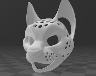 May include: A white, 3D-printed jaguar mask with large ears and a detailed facial structure. The mask features numerous small, circular perforations across the forehead and cheeks, and is designed to be worn.