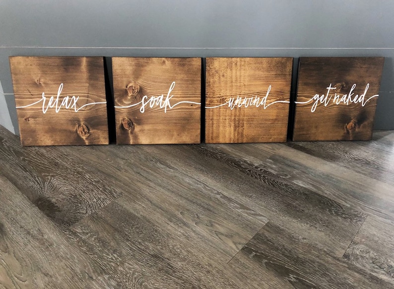 Hand-Painted Wooden Bathroom Sign Set | Rustic Home Decor image 2