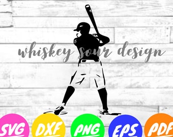 May include: Black and white silhouette of a baseball player in a batting stance with a bat. The text "whiskey sour design" is above the player. The image is surrounded by five colorful circles with the text "SVG", "DXF", "PNG", "EPS", and "PDF" in white.