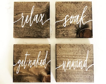 Hand-Painted Wooden Bathroom Sign Set | Rustic Home Decor