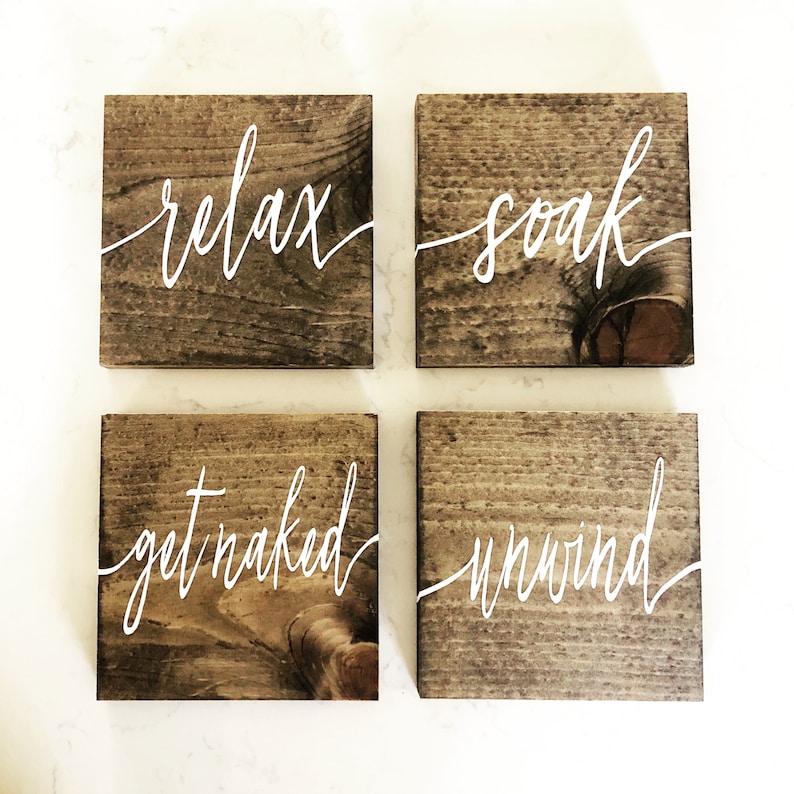 Hand-Painted Wooden Bathroom Sign Set | Rustic Home Decor image 1