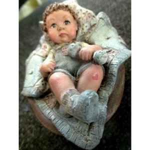 Sarah&#39;s Attic Ltd. Ed  3.5&quot;  Baby Boy with Blue Rattle in Wicker Basket