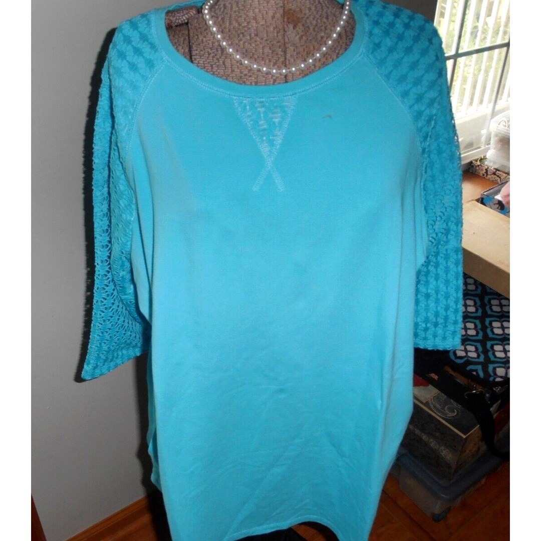 QVC D and Co. Denim &co. Active Turquoise Cotton Top Embellished 3/4