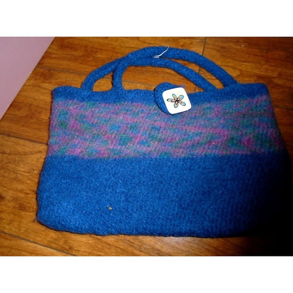 Handmade 12" x 8" Blue and Pink Felted Wool Handbag by Lola Decorative Closure