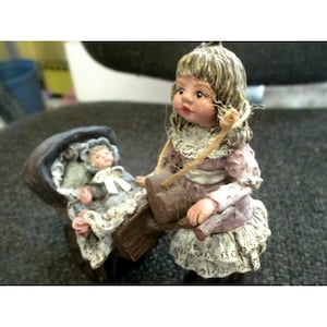 1991 Sarah&#39;s  Attic Litd Ed Little Children 4&quot; &quot;Girl w/Baby Buggy Carriage