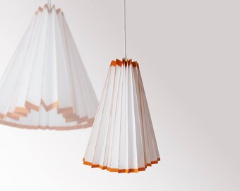 Suspended Lamp white and orange, fabric pleated white and orange, chandelier, Made in Italy, lamp for kitchen, lamp for living, bedroom lamp