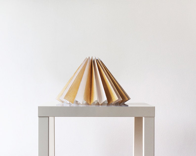 Pleated lampshade, white and dark gold fabric, bedside lamp, origami table lamp, pleated fabric shade, bedroom table lamp, modern style lamp image 5