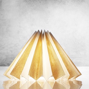 Pleated lampshade, white and dark gold fabric, bedside lamp, origami table lamp, pleated fabric shade, bedroom table lamp, modern style lamp image 1